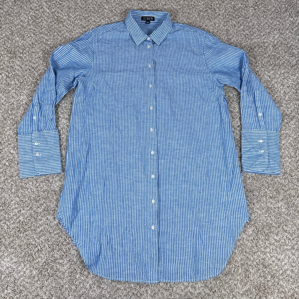 J Crew Shirt Womens M Blue Striped Linen Blend Relaxed Beach Tunic Button Up